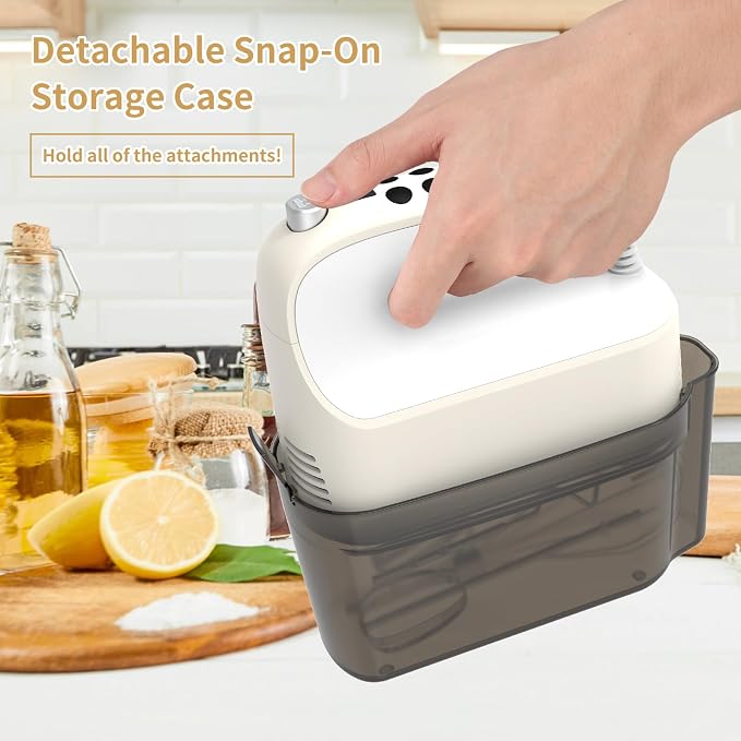 Yomelo 9-Speed Digital Hand Mixer Electric, 400W Powerful DC Motor, Hand Mixer Electric Handheld with Snap-On Storage Case, 5 Stainless Steel Accessories, Beaters, Dough Hooks, Whisk(Cream White)