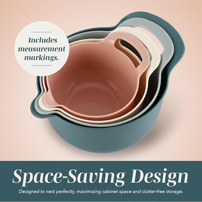 COOK WITH COLOR Nesting Plastic Mixing Bowl Set with Pour Spouts and Handles, Teal and Pink, 4 Piece Non-Slip