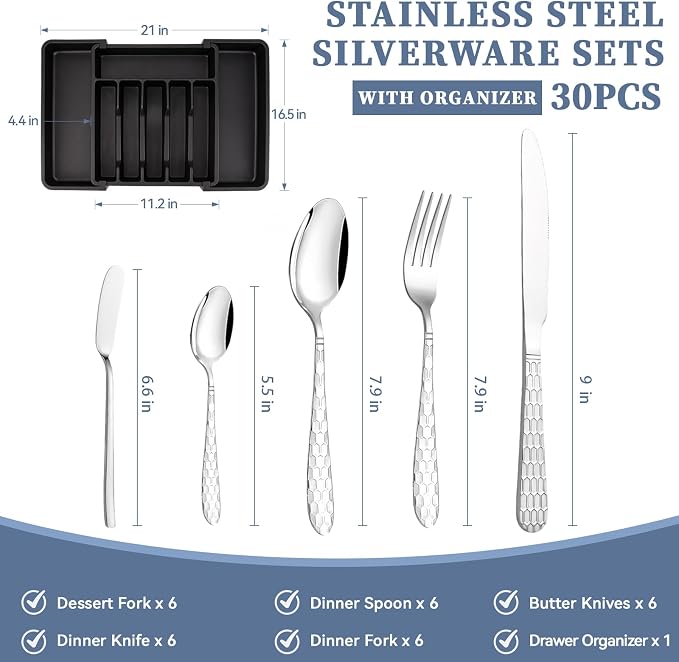 30 Pieces Silverware Set with Organizer, Silvery Stainless Steel Cutlery Set Flatware Set for 6 Person, Tableware Set Includes Knives Forks Spoons Teaspoons Butter Knives (Silvery-30PCS)