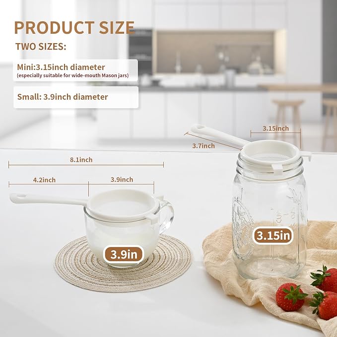 Luckyiren Kefir Strainer Set, Plastic Non-Metal Sieve with Fine Mesh | 3.15" & 3.94" Diameter Double-size for Mason Jars, Grains, Milk Kefir, Water Kefir & Kombucha, Food Grade, Easy to Clean