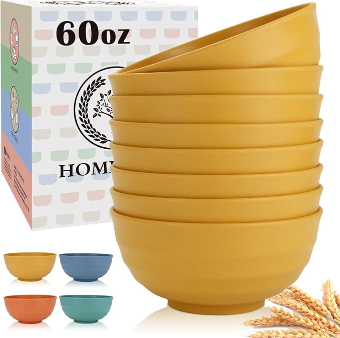 Sunshine Yellow Bowl Set of 8, 60 Oz Large Wheat Straw Bowls, Unbreakable Big Salad & Soup Bowls, Microwave Safe for Easter, Picnic, Kids Party & Family Meals