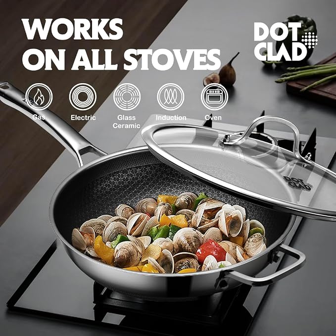 DOTCLAD 3-Piece Hybrid Stainless Steel Cookware Set-12 Inch Wok with Lid,10 Inch Frying Pan,12 Inch Skillet with Lid-Non Stick,PFOA Free,Dishwasher&Oven Safe,Induction Compatible,Cookware Set.