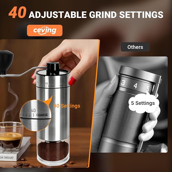 CEVING Mini Manual Coffee Grinder With 40 Adjustable Settings, Black | Portable Hand Coffee Bean Mill with Ceramic Conical Burrs, 30g Capacity, Ideal for Travel, Camping, French Press, Pour Over