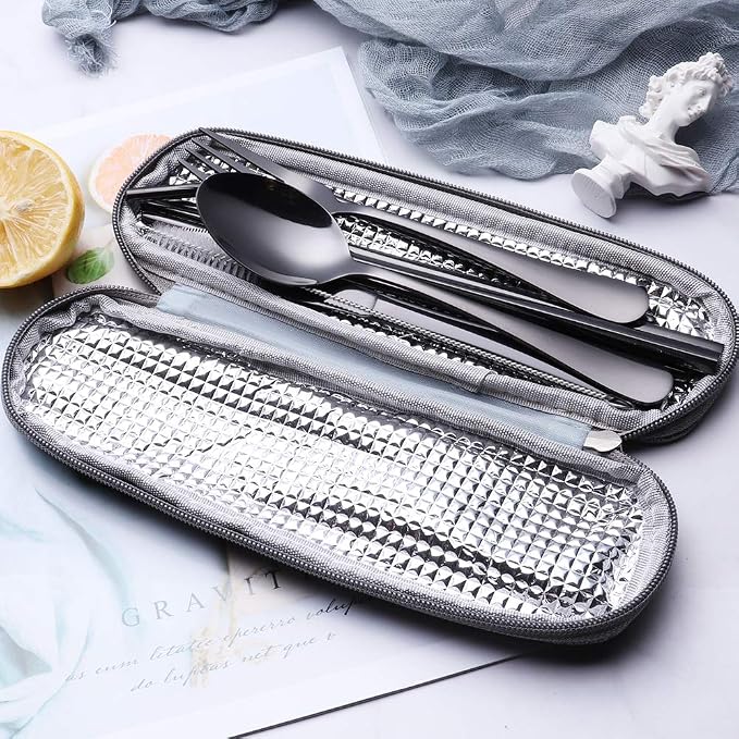 Travel Utensils Set with Case – 8-Piece Reusable Stainless Steel Camping Cutlery Set for Lunchbox, Office, School – Portable Fork Spoon Knife Chopsticks – Dishwasher Safe – Black