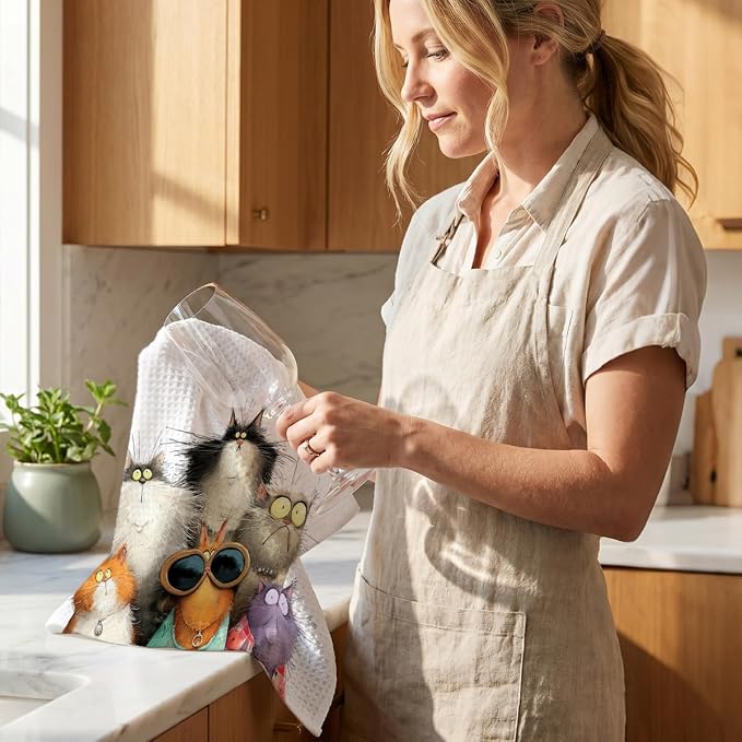 3 Pcs Cute Cat Kitchen Towels, Funny Cats Gifts Absorbent Hand Towels-01 | Cat Dish Cloths for Drying Dishes, Cats Waffle Dish Towels for Kitchen Home Bathroom Decor, Cat Lover Gifts for Women Mom