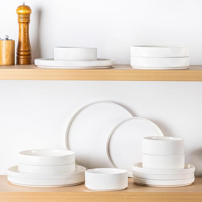 Ceramic Dinnerware Set for 4, 18-Piece Plates and Bowls Set | Lightweight Porcelain Dish Set, Scratch Resistant, Oven & Microwave & Dishwasher Safe, Bright White