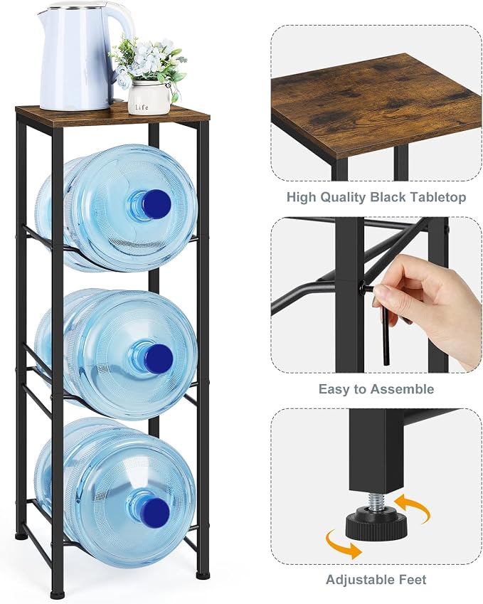 5 Gallon Water Jug Holder 3-Tiers Water Dispenser Stand Rack, Water Bottle Organizer with Storage Shelves for Kitchen Living Room Office, Rustic Brown