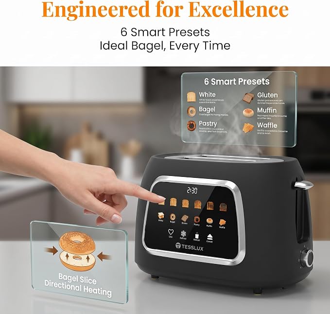 Tesslux Toaster 2 Slice, Extra Wide Slot, 800W, Touch Screen Panel, Black | LED Countdown, Defrost, Reheat, Cancel, 6 Bread Modes, 6 Browning Levels, Crumb Tray, Matte Black Stainless Steel