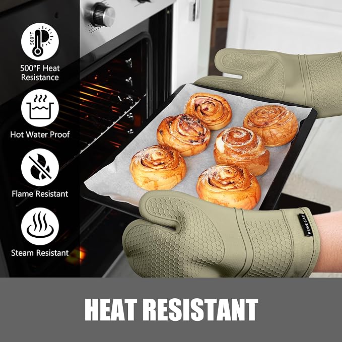 RORECAY Silicone Oven Mitts and Pot Holders Sets for Kitchen, Sage Green | Set of 6 Kitchen Mitts for Baking & Cooking, Heat Resistant 500 ℉, 12.7" Extra Long, Non-Slip & Waterproof, Quilted Cotton