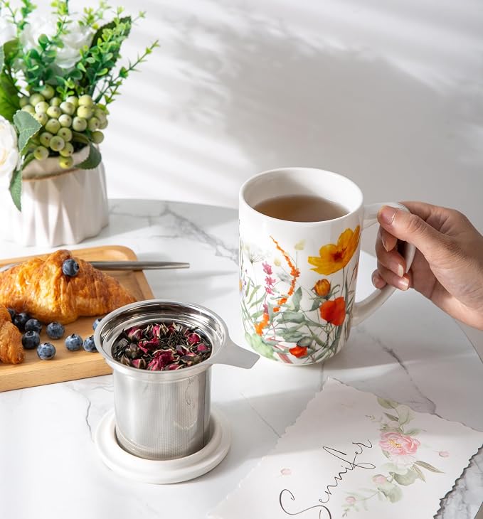 AmorArc Tea Cup With Infuser and Lid, 18oz Loose Leaf Tea Mug With Steeper | Porcelain Tea Mug With Infuser and Lid, Large Strainer Tea Cup with Lid for Tea, Coffee Mug for House-warming Birthday Gift