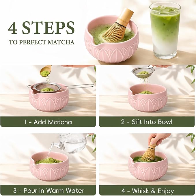 Matcha Whisk Set, Ceramic Matcha Set Includes Bowl & Holder, Bamboo Whisk (Chasen), Scoop, Spoon and Sifter, 6Pcs Matcha Kit Covers Everything Needed for Making Matcha (Leaf Pink)