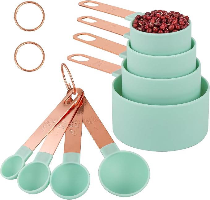 8-Piece Stackable Rose Gold Stainless Steel Handled Measuring Cups | and Spoons for Measuring Dry and Liquid Ingredients (green)