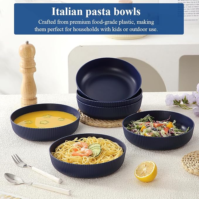 HOMQUEN Pasta Bowls Set of 6, 37oz Salad Bowls Blue Soup Bowls, Large Pasta Serving Bowls, Unbreakable Plastic Dinner Bowls, Dinnerware Sets,Valentines Day Gift, Dishwasher Safe (Blue)