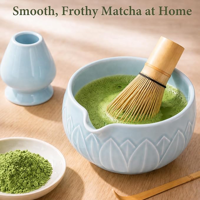 Matcha Whisk Set, Ceramic Matcha Set Includes Bowl & Holder, Bamboo Whisk (Chasen), Scoop, Spoon and Sifter, 6Pcs Matcha Kit Covers Everything Needed for Making Matcha (Leaf Blue)
