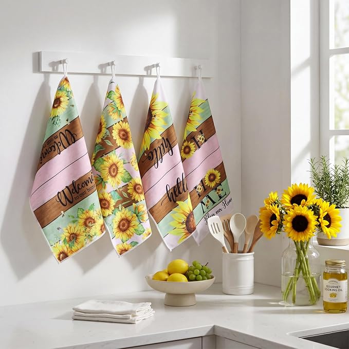 4 Pcs Sunflower Kitchen Towels Gifts Floral Hand Dish Towels | Absorbent Farmhouse Yellow Fast Drying Decor Housewarming Gift for Cooking Bathroom Kitchen Decor