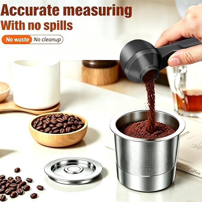 2-in-1 Coffee Scoop with Funnel, 2 Tbsp Measuring Spoon for Reusable K Cups, Ground Coffee, Protein Powder & Tea, Mess-Free Plastic Design（Black-2pack）
