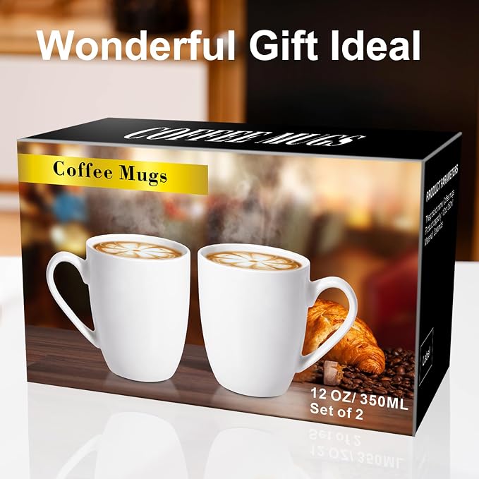PARACITY Coffee Mug Ceramic, Large Coffee Cups Ceramic Set of 2, 12 OZ White Coffee Mugs for Latte, Tea, Cappuccino, Cocoa-Microwavable | Smooth porcelain glaze cleans easily for coffee, latte, tea, cappuccino or cocoa; microwavable and dishwasher comp...