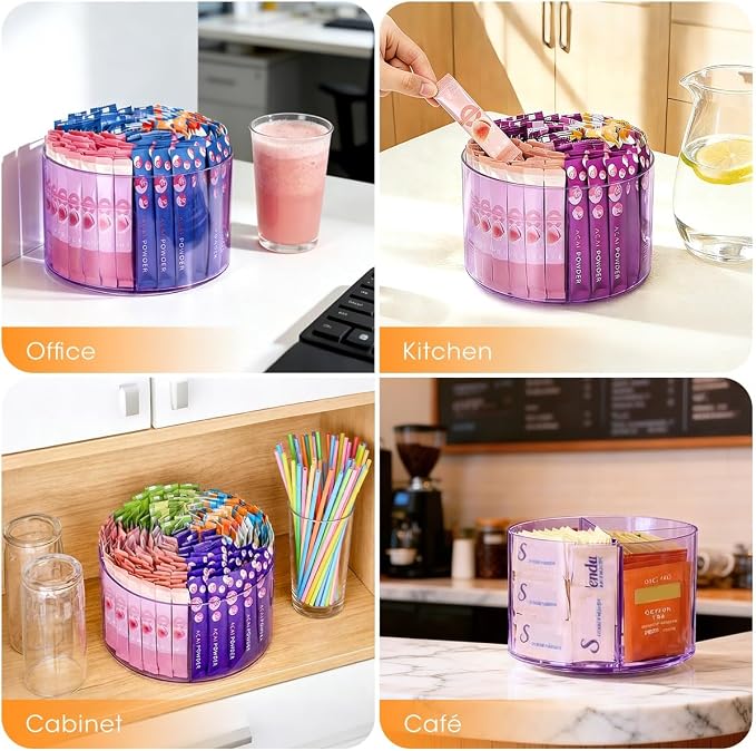 AIEVE Purple Drink Packet Organizer, Water Packet Organizer for Powdered Drink Mix, 360° Lazy Susan Turntable Rotating Tea Bag Holder for Kitchen Organization