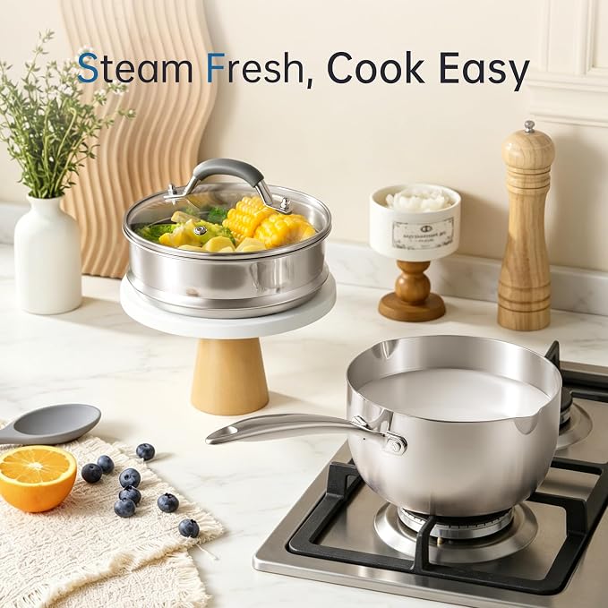 Tri-Ply Stainless Steel Sauce Pan, 2.5 Qt Saucepan with Steamer | Non-Toxic, Dual Pour Spouts, Measurement Mark, Anti-Scald Handle, Compatible All Cooktops, Oven Safe 500°F, Dishwasher Safe