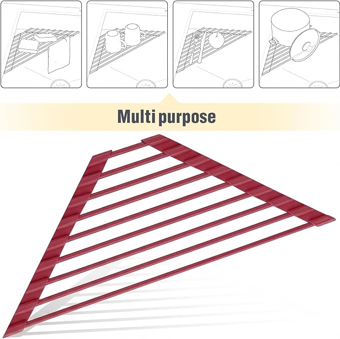 Tomorotec Roll Up Dish Drying Rack with Silicone Coating, Wine Red | 304 Stainless Steel with BPA-Free Silicone, Triangle Design Maximizes Sink Corner Space, Fits Compact Kitchens And RVs