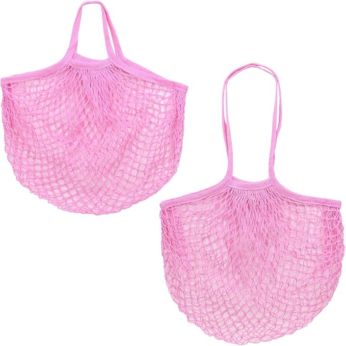 M METERXITY 2-Pack Cotton Mesh Bag, Reusable Washable Mesh Net String Grocery Bags, Reusable Produce Bags with Handle, Net Tote Bag for Fruits/Vegetables Shopping [Pink, Long&Short Handle]