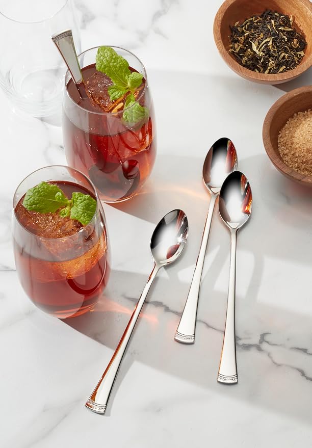 Lenox Portola Iced Tea Spoons Silverware Set for 4, Flatware | mirror finish | long handle | dishwasher safe, cutlery set for kitchen and dining, utensil set, kitchen essentials