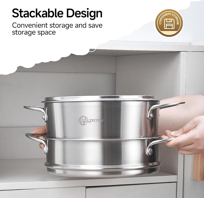LOLYKITCH 5-Quart Tri-Ply Stainless Steel Steamer Pot with Glass Lid | Steaming Pot for Cooking | 2 Tier Induction Steamer Pot for Tamales Seafood Vegetables Dumplings | Stock Pot | Thick