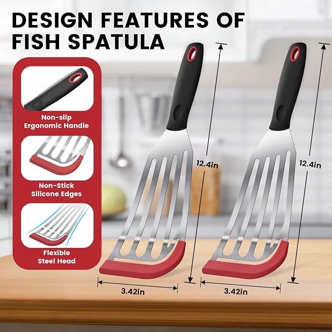 2Pcs Silicone Fish Spatula, Heat Resistant Silicone Edge for Nonstick Cookware, Fish Turner for Kitchen Use, Flexible and Thin Stainless Steel Slotted Spatula, 12.2 * 3.42 Inch, Red