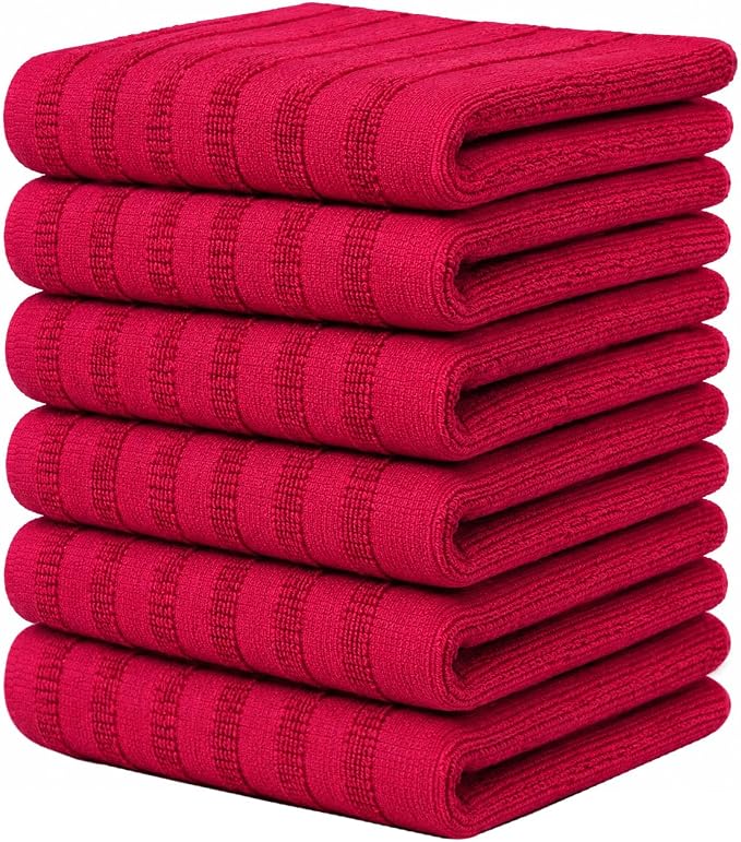 Premium Kitchen Towels 6 Pack 100% Cotton, 20"x28" - Red Solid | Large 450 GSM Terry Dish Towel, Kitchen Hand Towels with Hanging Loop, Highly Absorbent for Washing and Drying Dishes