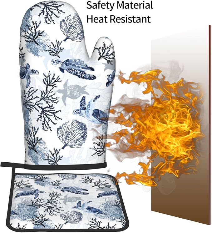 Navy Blue Ocean Sea Turtle Oven Mitts and Pot Holders Sets of 3, Heat Resistant Non-Slip Gift for Cooking Enthusiasts, Coastal Beach Nautical Coral Kitchen Gloves for Baking BBQ Cooking Grilling Decor