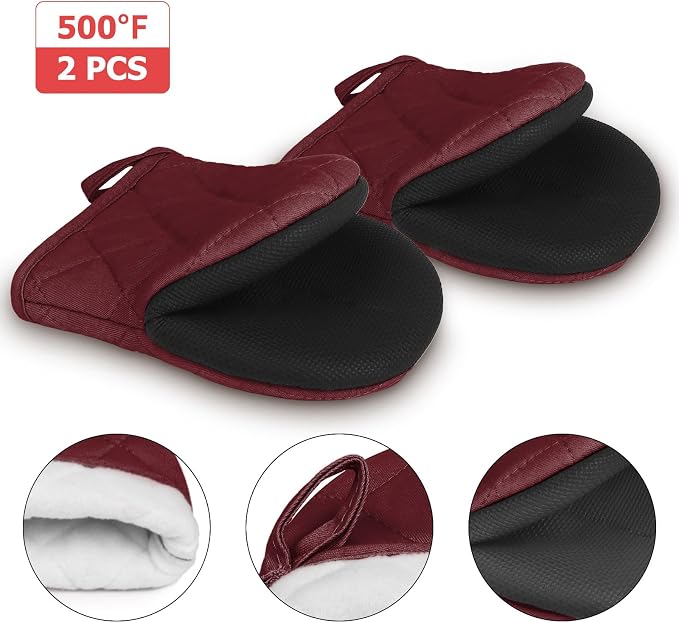 Goldmeet Mini Oven Mitts 2-Pack, 7"x5.5", 500°F Silicone Grip, Dark Red | Non-Slip, Heat Resistant, Machine Washable, Hanging Loop, Fits Small Hands, for Baking Grilling BBQ Cooking