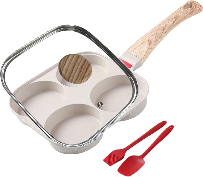 Egg Pan with Lid 4 Cup Nonstick Egg Frying Pan Omelette Skillet | Aluminum 4-Hole Omelette Pan with Glass Lid, Spatula, and Silicone Brush. Works for Breakfast Eggs, Bacon, and Mini Pancakes.
