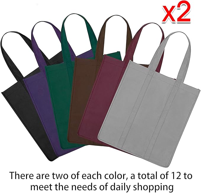 12 Pack Reusable Grocery Shopping Bags Large Foldable Tote Bags Bulk | Eco Produce Bags with Long Handle for Shopping Groceries Clothes (6 Assorted Colors)