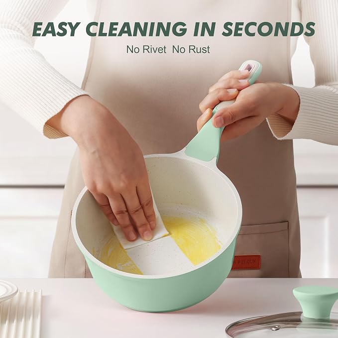 SENSARTE Ceramic Nonstick Saucepan with Lid 2.0QT, PTFE/PFAS Free, Green | Kitchen Cooking Pot with Stay Cool Handle, Induction Compatible, Ceramic Coating