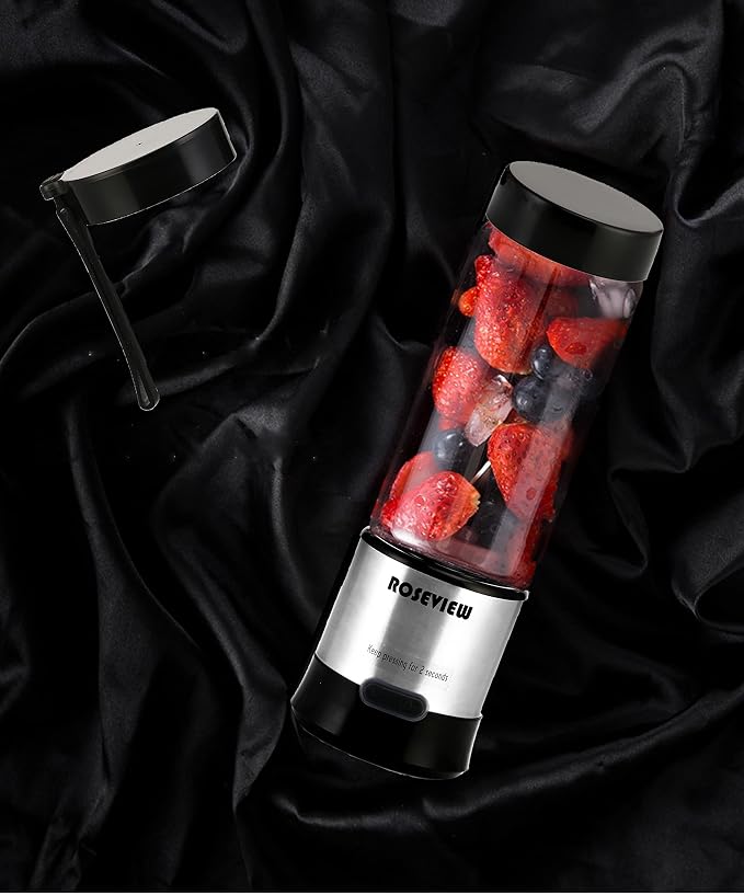 Portable Smoothie Blender ROSEVIEW Glass Cordless Mini Shakes Cup blend for smoothies USB rechargeable juicer 2 battery Handheld Personal travel Jet mixer (Black Steel) (Stainless)
