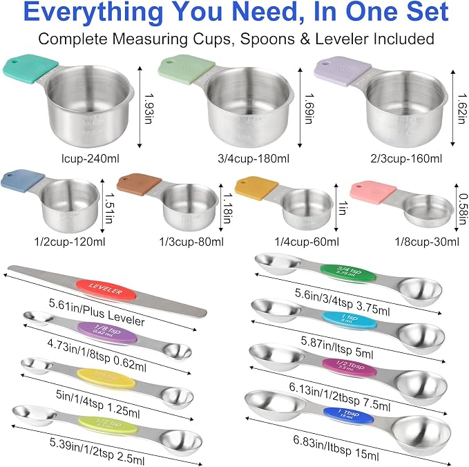 Magnetic Measuring Cups and Spoons Set, Strong N52 Magnets, Heavy Duty 304 Stainless Steel Fits in Spice Jars for Baking & Cooking, BPA Free, Round Set of 15 with Leveler Blackr, Light Colorful