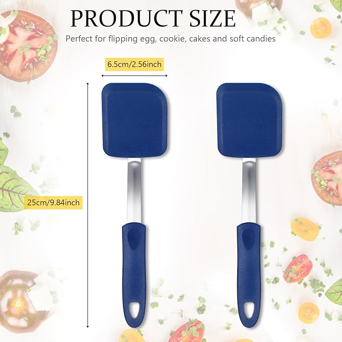 Silicone Cookie Spatula Turner 2 Pack Mini Brownie Spatula Flexible Kitchen Small Silicone Turner for Nonstick Cookware Heat Resistant No Scratch Flipper for Egg(Solid Flat,Blue)