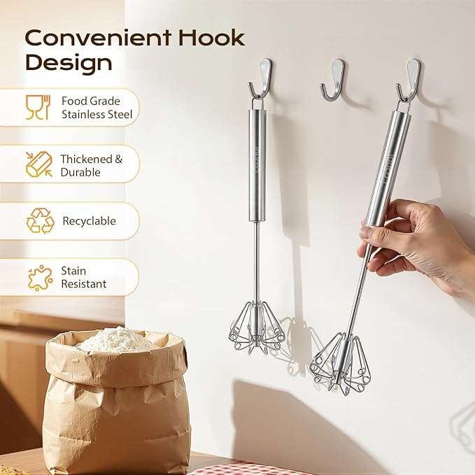 2 Packs Upgraded Stainless Steel Semi-Automatic Whisk, 10inch & 12inch | Easy Push Hand Whisks for Eggs, Cream, Coffee & Light Mixing, Easy Clean Kitchen Whisk for Everyday Cooking, Kitchen Gadgets