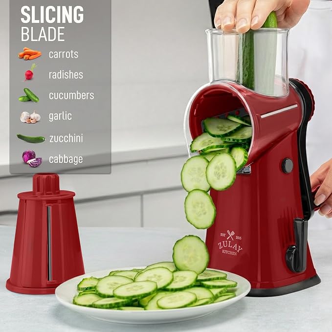 Zulay Kitchen Rotary Cheese Grater 5 Blade Cheese Shredder - Manual Hand Crank Cheese Grater With Reinforced Suction & 5 Interchangeable Drums - Easy to Use, Vegetable Chopper Round Mandoline Slicer