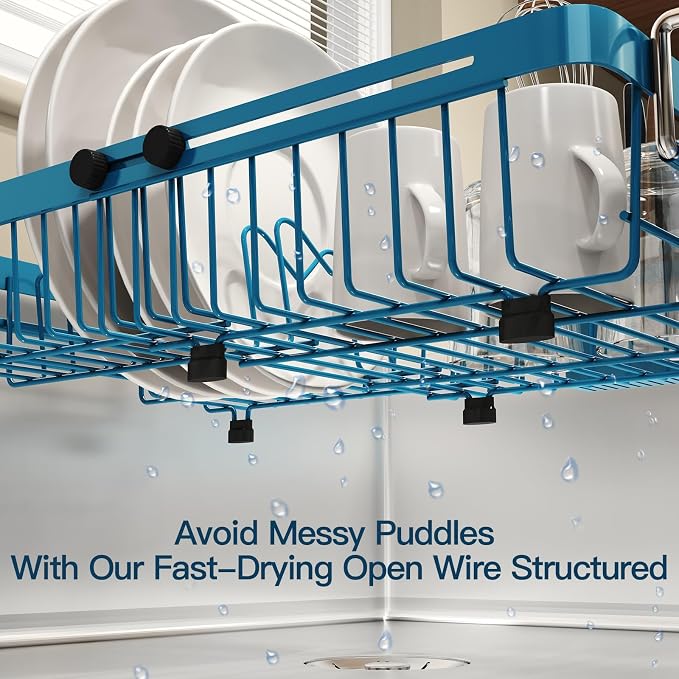 Blue Dish Drying Rack Over The Sink with Utensil Holder | Expandable Stainless Steel Dish Drainer for Small Kitchen, Apartment, RV, Counter Space Saving, Perfect Fit, Rustproof