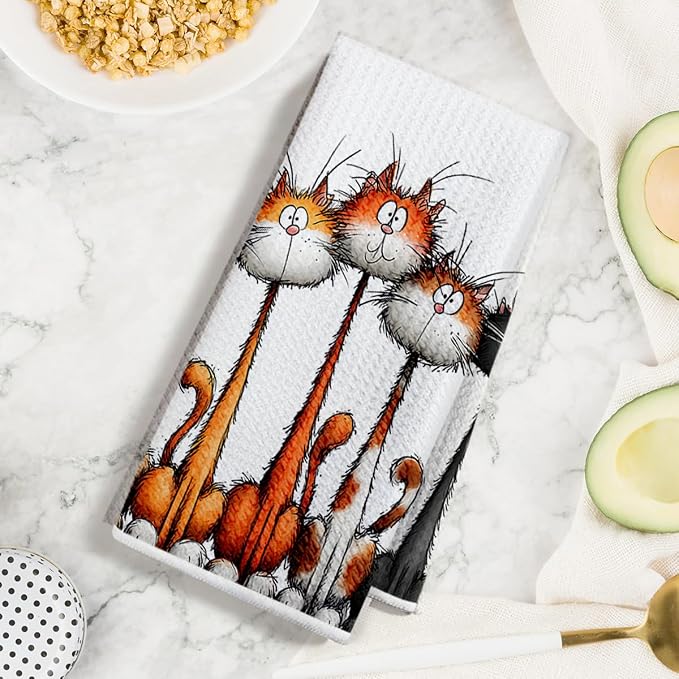 3 Pcs Cute Cat Kitchen Towels, Funny Cats Gifts Absorbent Hand Towels-03 | Cat Dish Cloths for Drying Dishes, Cats Waffle Dish Towels for Kitchen Home Bathroom Decor, Cat Lover Gifts for Women Mom