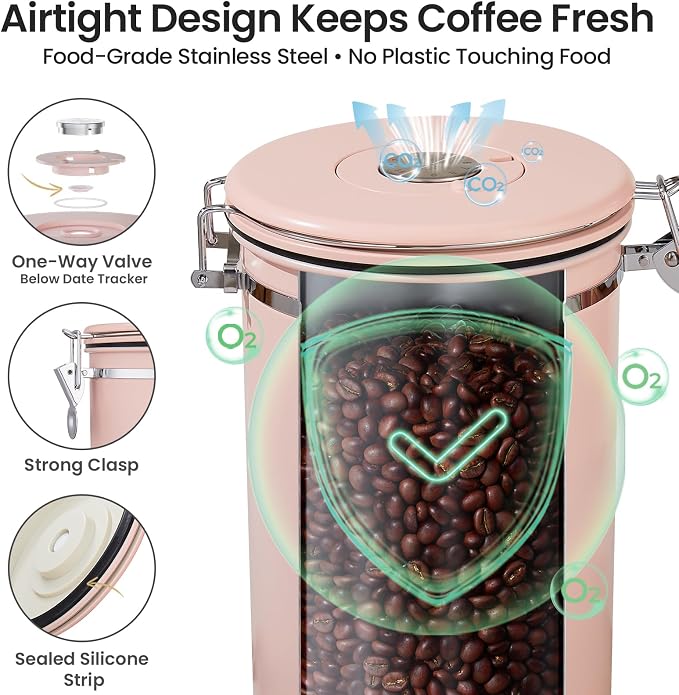 Veken Coffee Canister,39OZ, 2.2lbs,Large Airtight Stainless Steel Container | Date Tracker, Kitchen Food Storage Jars for Beans, Ground, Espresso, Rice,Tea, Sugar, Cereal, Cookie,Gifts, Lids, Scoop, Pink