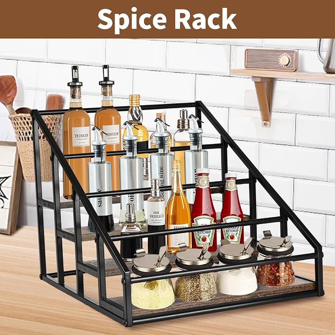 YQBRAO 2-Pack 4-Tier Coffee Syrup Organizer, 32-Bottle Total, Brown | Two racks hold up to 32 bottles total with stepped visibility for large coffee bars, kitchens, and beverage stations.