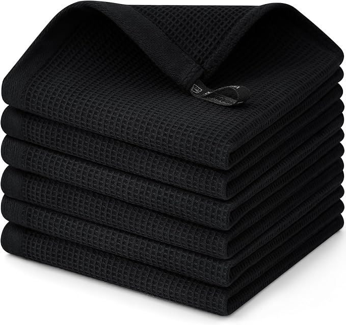 Homaxy 100% Cotton Waffle Weave Dish Cloths, 6 Pack, Black | Soft and Absorbent Dish Towels, 12 x 12 Inches Quick Dry Dish Rags