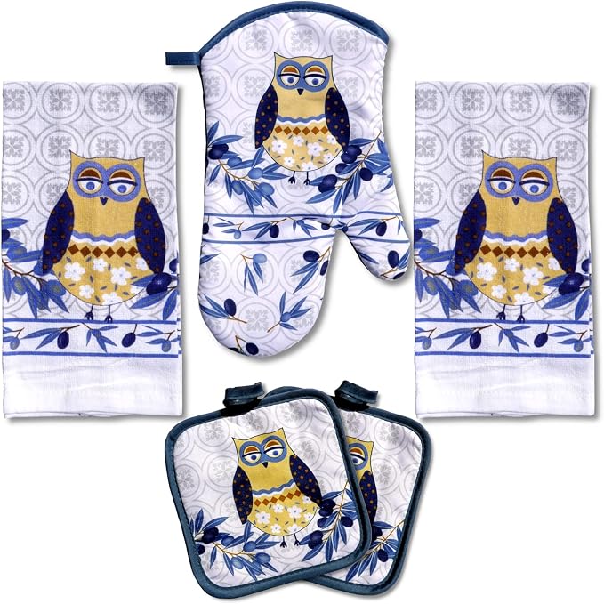 Lobyn Value Pack Whimsical Blue Owl, 5 Piece Set | Kitchen Towel Set with 2 Decorative Dish Towels (25 X15), 1 Oven Mitt (11 X 7) and 2 Potholders (6.5 X 6.5)