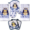Lobyn Value Pack Whimsical Blue Owl, 5 Piece Set | Kitchen Towel Set with 2 Decorative Dish Towels (25 X15), 1 Oven Mitt (11 X 7) and 2 Potholders (6.5 X 6.5)
