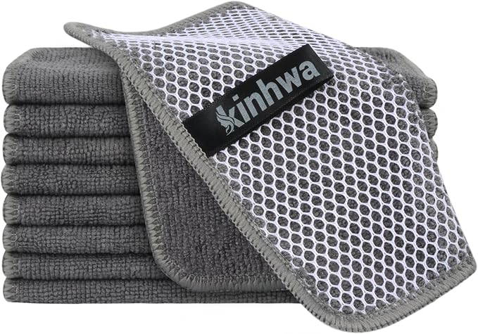 Dish Cloths for Washing Dishes with Scrub Side, Microfiber Dish Rags | Dual-sided microfiber dish cloths with scrubber for stuck-on food, quick dry kitchen washcloths 9 Pack, 7" x 7 Inch Gray