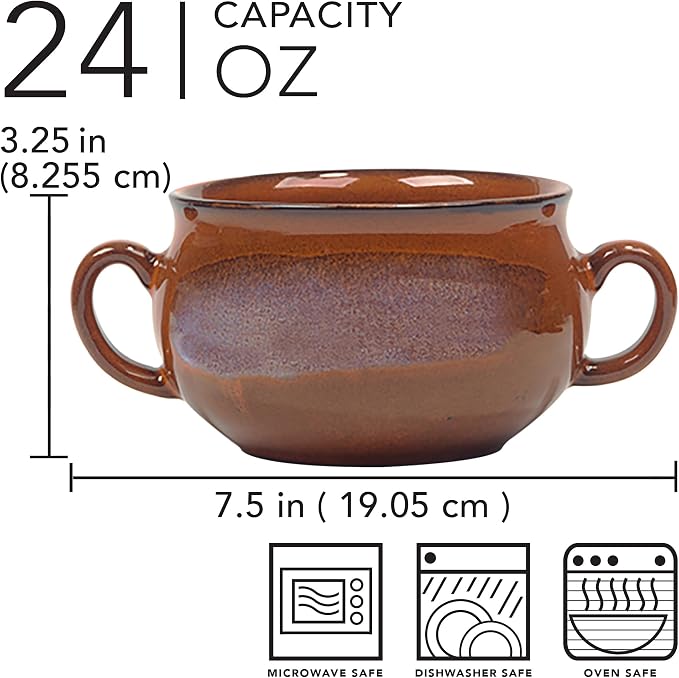 Stoneware 24oz Reactive Glaze Soup Crocks Set of 4: Perfect for soups, stews, and casseroles. Unique reactive glaze, oven-safe, microwave- and dishwasher-friendly with easy-grip handles for serving.