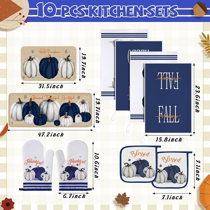 Fanfanwin 10 Pcs Fall Pumpkin Kitchen Decor Set Blue White Pumpkin Kitchen Rugs Towels Pot Holders Oven Mitts for Thanksgiving Autumn Baking Cooking Home Gift