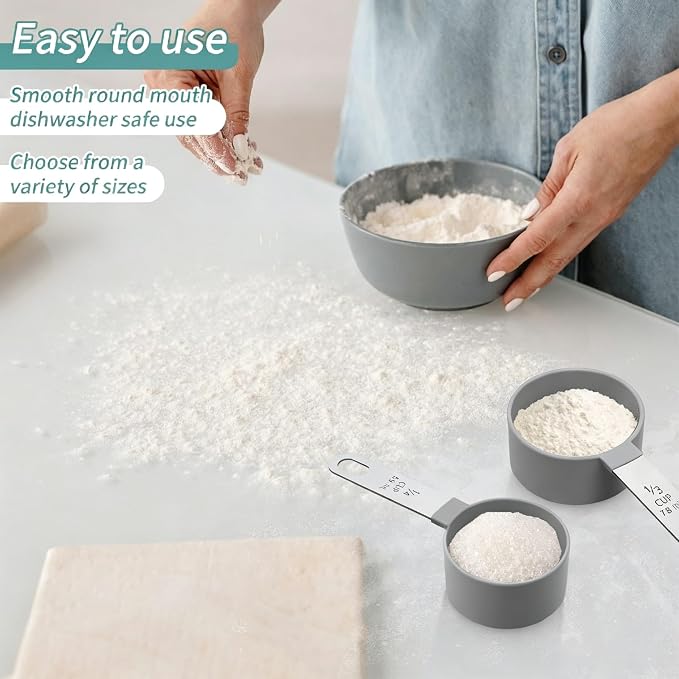 Measuring Cups Set Measuring Spoons Set, Nesting Measure Cups with Stainless Steel Handle, For Measuring Dry and Liquid Ingredients Small Teaspoon with Plastic Head (Grey)